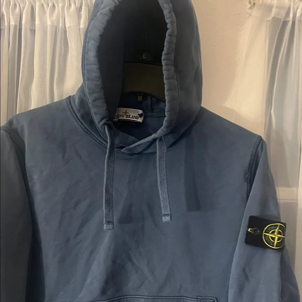 Stone Island Blue Cotton Pullover Hoodie with Logo Patch On sleeve Men’s Medium - Picture 2 of 14